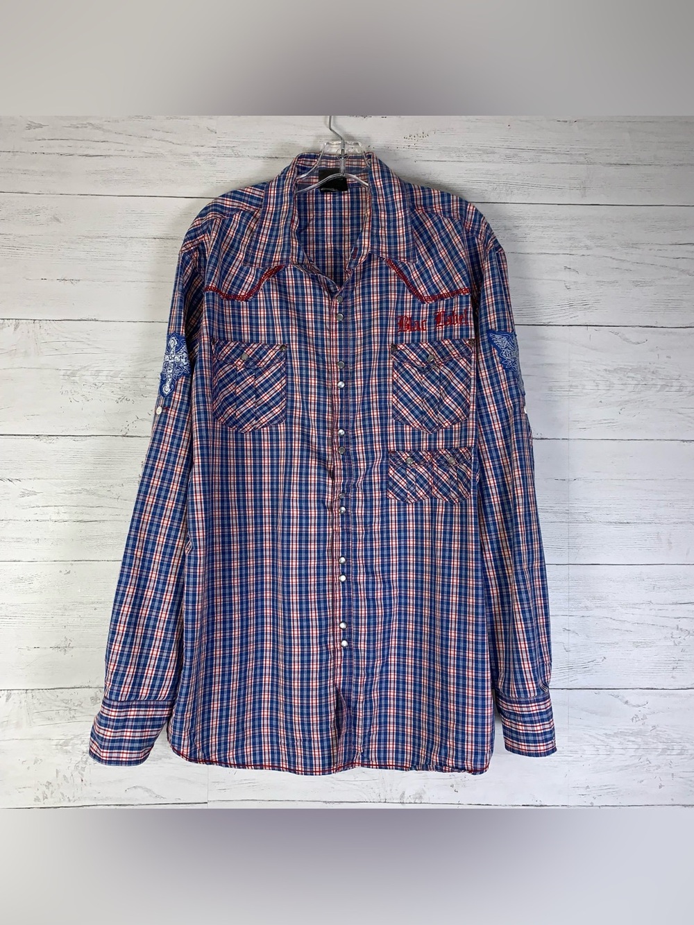 Blac Label plaid button up shirt embroidered with cross patches & pockets